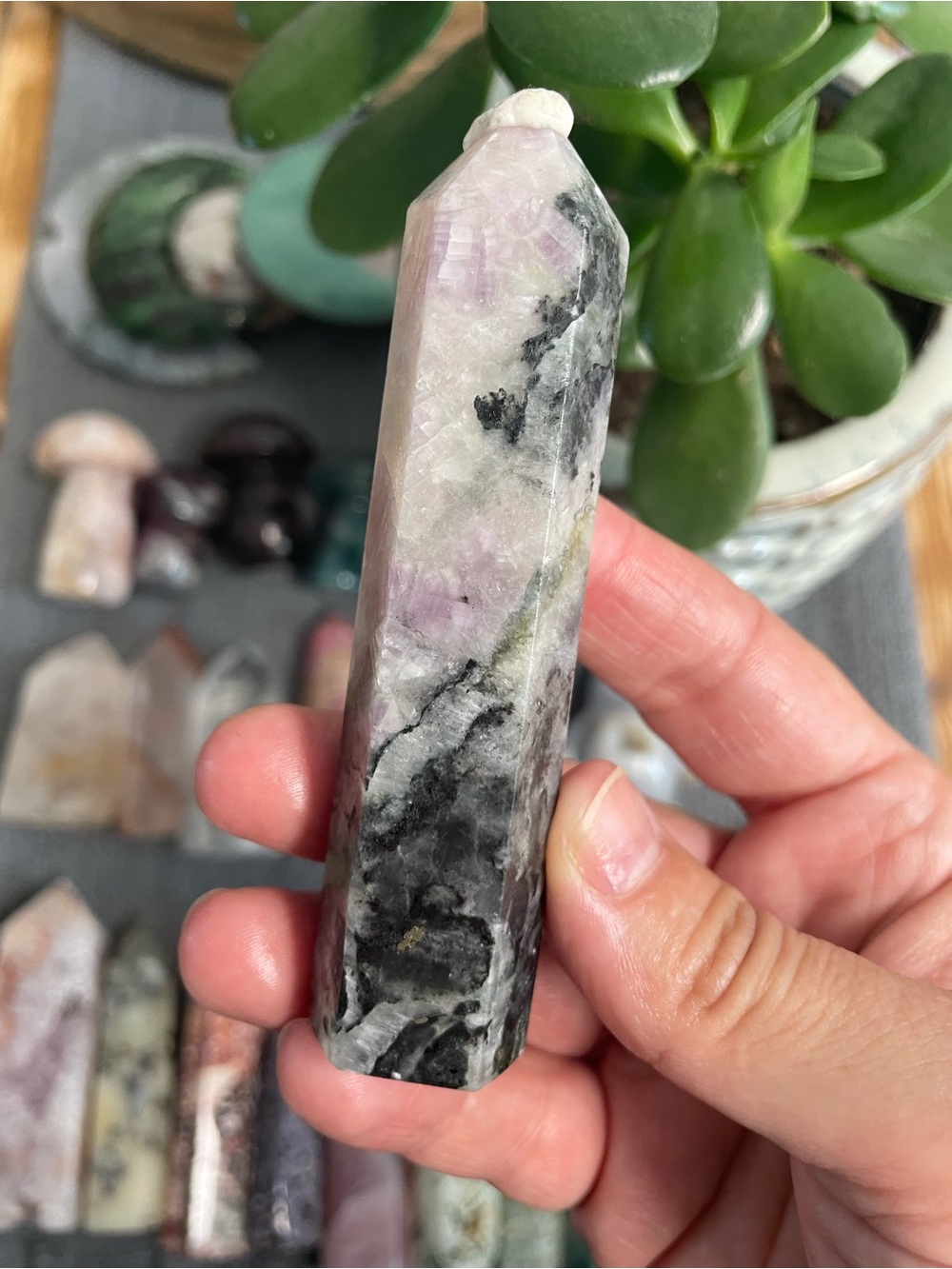 Kunzite in tourmaline with pyrite polished crystal tower uv reactive